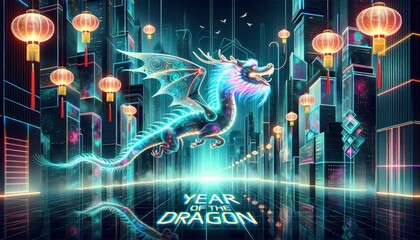 A modern interpretation of the Chinese New Year dragon, featuring a neon-lit dragon soaring through a futuristic cityscape adorned with holographic lanterns. AI Generated