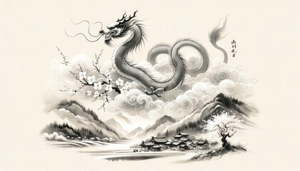 A graceful dragon winding its way through clouds above a tranquil village, representing luck and power. Cherry blossoms drift in the wind, symbolizing the renewal of spring. AI Generated