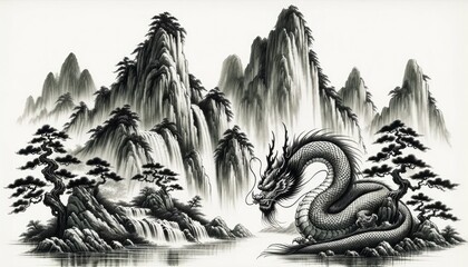 A powerful dragon coiling around a mountain peak with waterfalls cascading and ancient pines standing tall, evoking tranquility and reverence. AI Generated