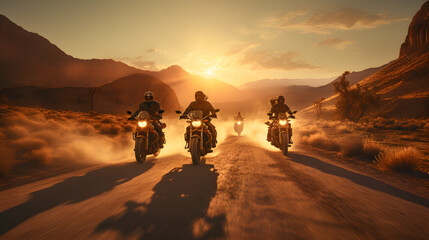 three motorcycle riders traveling down a desert road at sunset