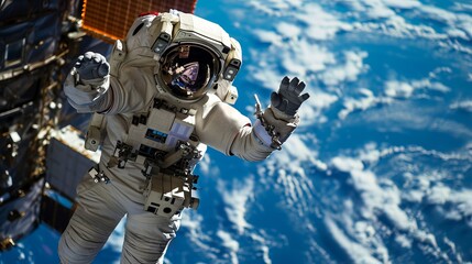 An astronaut in outer space waves his hand in greeting against the background of the Earth