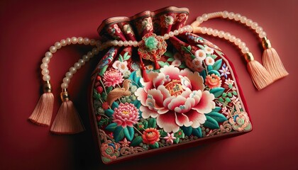 An ornate Chinese New Year gift bag adorned with embroidered peonies and chrysanthemums, revealing an assortment of traditional gifts and trinkets inside. AI Generated