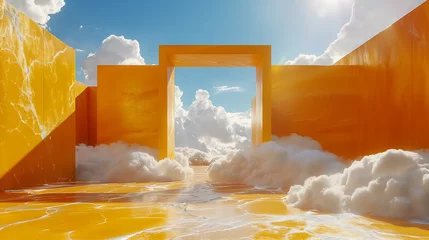Crédence de cuisine en verre imprimé Couleur miel 3d render, Surreal desert landscape with white clouds going into the yellow square portals on sunny day. Modern minimal abstract background.