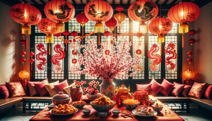 A festive living room adorned with vibrant red lanterns hanging from the ceiling, intricate paper cutouts on the windows, and a centerpiece of plum blossoms on the table. AI Generated