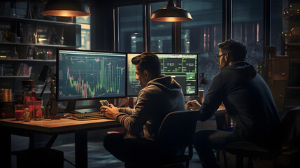 two traders at a desk looking at stock charts - obrazy, fototapety, plakaty