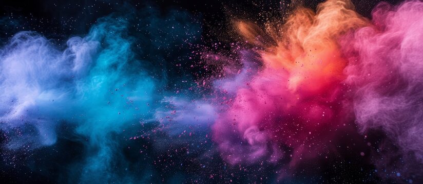 Colored splash explosion of multi-colored powder on a dark background. Holi celebration concept in India, background for holiday advertising and creative products or projects, banner with copyspace