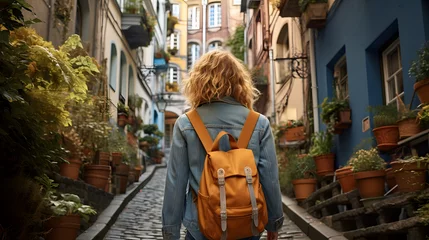 Rolgordijnen woman with backpack is walking down the narrow streets © Oleksandr