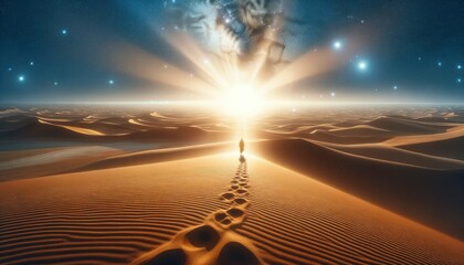 A vast desert landscape where a lone figure is walking towards a radiant light source under a star-filled sky, the solitude and determination required in the journey to enlightenment. AI Generated - obrazy, fototapety, plakaty
