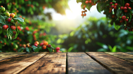 Wooden table, coffee tree morning background