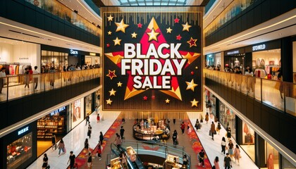 A vibrant Black Friday Sale banner stretched across a busy shopping mall. The banner is adorned with golden stars and has bold red letters announcing the sale. AI Generated