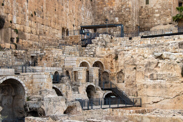Southern wall of the Temple Mount. Archaeological Park in the old city of Jerusalem.
