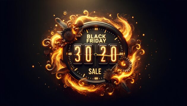 A digital countdown timer set against a dark background, showing the time left for the Black Friday Sale. Surrounding the timer are swirling golden lights. AI Generated