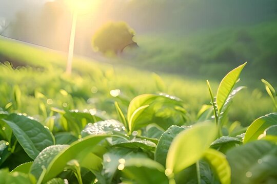 fresh green tea leaves with bokeh background