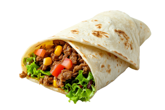Tortilla wrap with meat and vegetables isolated on transparent background.