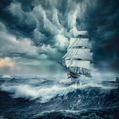 Naklejka premium A sailing ship braving turbulent waters, caught in the midst of a storm, yet with a glimpse of clear skies and a distant shoreline ahead, symbolizing perseverance in the face of challenges.
