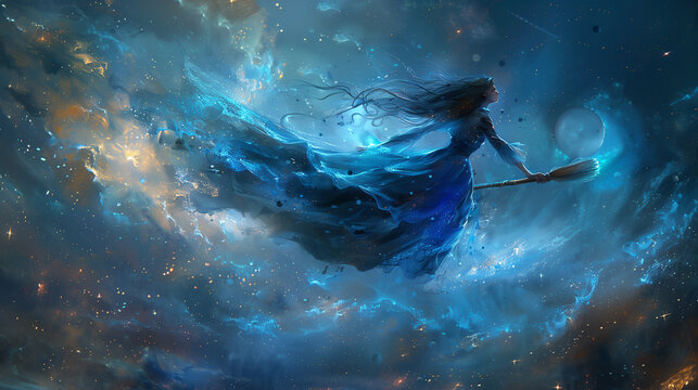 Fantasy image of a beautiful woman flying in a blue dress.