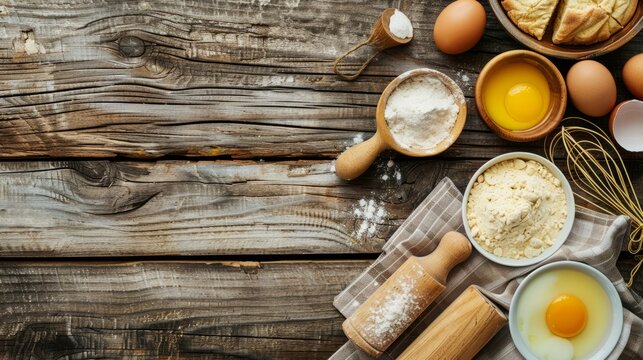 Baking cake in rural kitchen - dough recipe ingredients (eggs, flour, milk, butter, sugar) and rolling pin on vintage wood table from above. Rustic background with free text space.