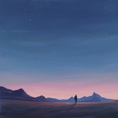 A lone traveler crossing a vast desert under a twilight sky, with a distant mountain range on the horizon signaling the continuation of their journey.  - obrazy, fototapety, plakaty