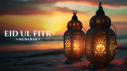 Happy Eid ul fitr background Ornamental Arabic lantern glowing - Eid Mubarak - obrazy, fototapety, plakaty