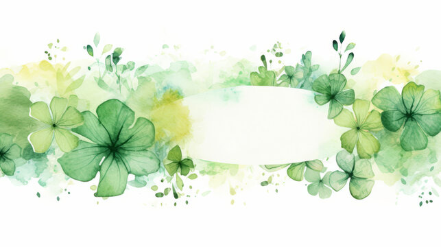 Watercolor green clovers make frame on a white background. St patrick's day celebration concept in Ireland, copyspace for text or product
