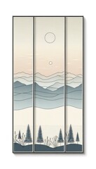 Tall art print with a minimalist touch. The design features a serene landscape with subtle gradient horizons. Simple line art depicts mountains and trees. AI Generated
