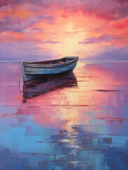 A realistic painting depicting a boat sailing on calm waters, with the soft sunlight reflecting off the surface.