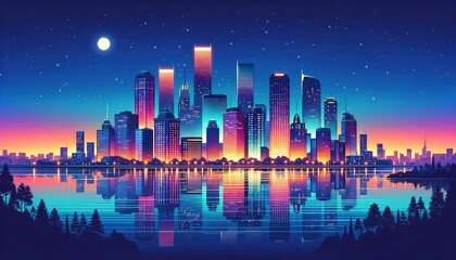 A vibrant city skyline at dusk. Modern skyscrapers, illuminated by neon lights, cast their reflections on the tranquil river below.  AI Generated