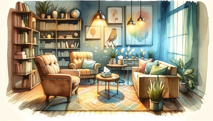 Obraz na płótnie Canvas Watercolor illustration of a calming therapy or counseling environment with cozy seating and soothing elements, emphasizing a warm and nurturing space for mental health discussions. 