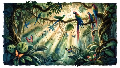 A watercolor painting showcasing an atmospheric jungle mural with a canopy of intertwined tropical leaves, vivid parrots on branches, and various butterflies. AI Generated