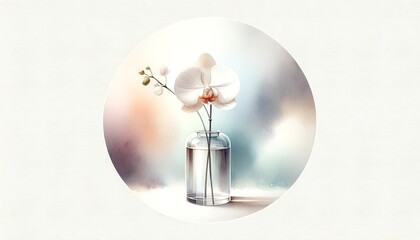 Watercolor painting of a minimalist SPA concept with a delicate orchid in a clear glass vase, evoking tranquility and luxury.
