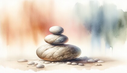 Watercolor painting of a minimalist SPA concept with a Zen stone on a river rock, evoking tranquility and mindfulness.
