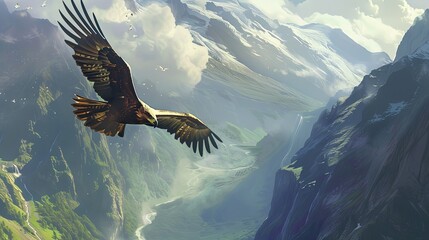 Majestic eagle soars high above the rugged mountains.