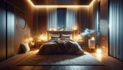 Fototapeten A cozy and inviting bedroom setting at night designed for optimal sleep, featuring a comfortable bed, soft linens, and ambient lighting.  © Cad3D.Expert