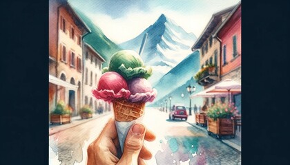 Watercolor depiction of a hand holding a gelato, with an Italian mountain city street in the background, evoking a refreshing summer day in the mountains.