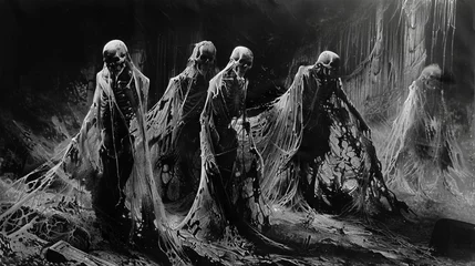 Fototapeten Malevolent spirits rising from their graves, their skeletal forms shrouded in tattered burial shrouds. © irfana