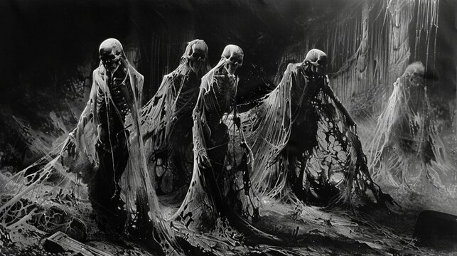 Malevolent spirits rising from their graves, their skeletal forms shrouded in tattered burial shrouds.