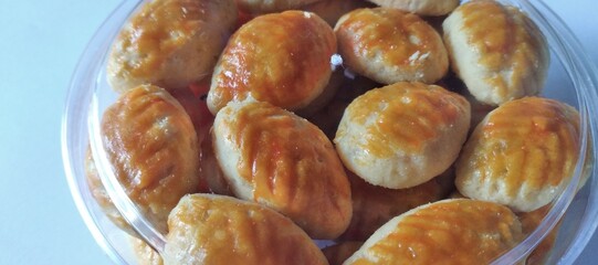 Baked croissants in a glass bowl. Homemade pastry.