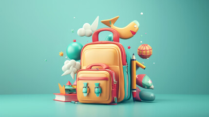 Creative illustration of a school theme, a bright school backpack with school supplies around. Concept of back to school, learning, school times - obrazy, fototapety, plakaty