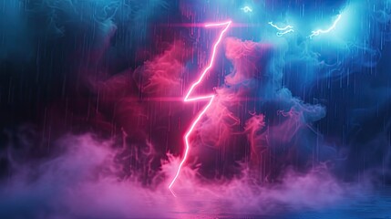 Neon 3D lightning bolt conveys energy and power. - obrazy, fototapety, plakaty
