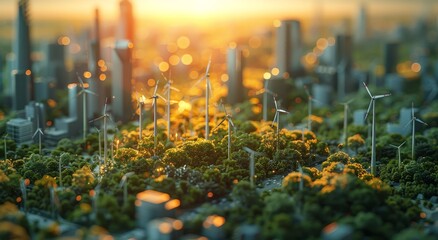 As the sun sets over the sprawling city, vibrant flowers bloom among the grass and towering wind turbines, a testament to the harmonious blend of nature and technology - obrazy, fototapety, plakaty