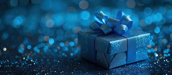 This photo features an exquisite blue gift box with a blue bow, creating a visually captivating and vibrant image. - obrazy, fototapety, plakaty