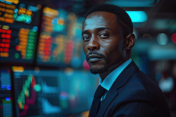 African man trader in suit on the background of huge monitors with charts.