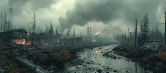  A polluted river surrounded by a hazy sky, with smoke billowing from a nearby factory, depicts the disastrous effects of human interference on nature's landscape © Larisa AI