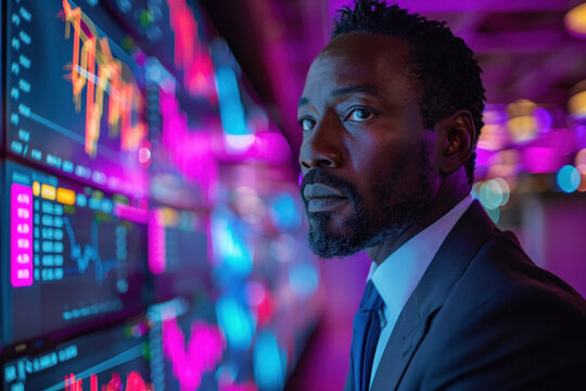 African man trader in suit on the background of huge monitors with charts.