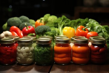 A row of glass jars filled with assorted vegetables like carrots, pickles, green beans, and bell peppers