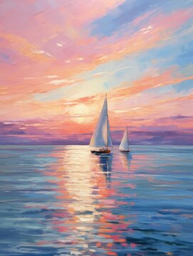 A painting depicting a sailboat gliding across the ocean waters as the sun sets in a fiery sky, casting a warm glow over the scene.