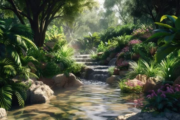 Papier Peint photo Olive verte Peaceful oasis with a flowing stream and lush vegetation.