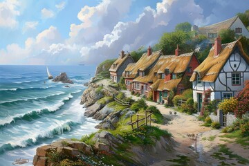 Seaside village with thatched-roof cottages, rugged cliffs, and rolling waves - obrazy, fototapety, plakaty