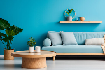 Round wooden  table in dining room and blu  color sofa. home interior design of modern living room