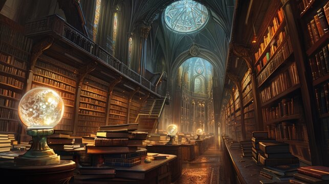 An ancient library filled with magical books, glowing orbs, and mystical artifacts. Shelves reach up to a high, vaulted ceiling, with soft light filtering through stained glass windows. Resplendent.